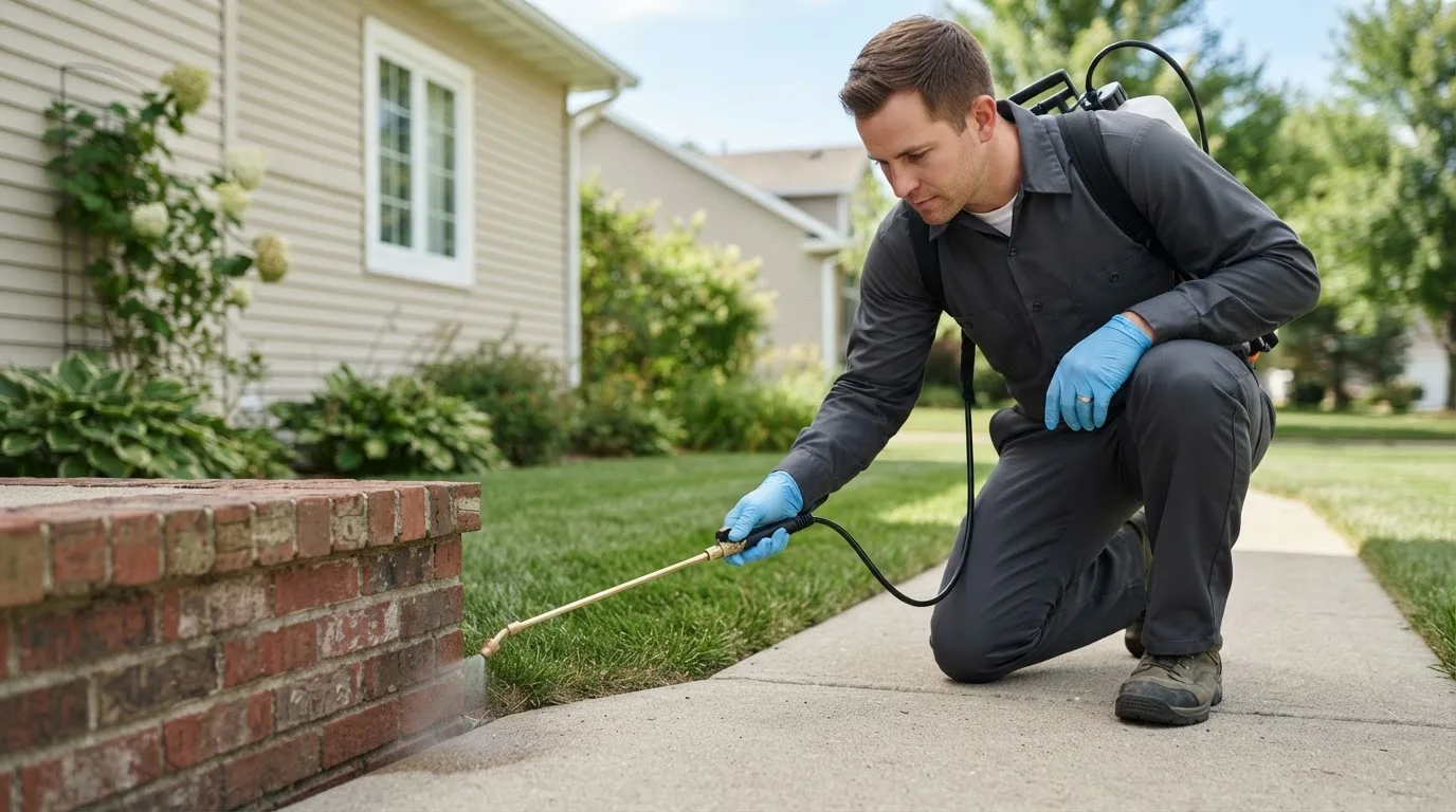 Pest control technician treating a home near Duncombe, IA