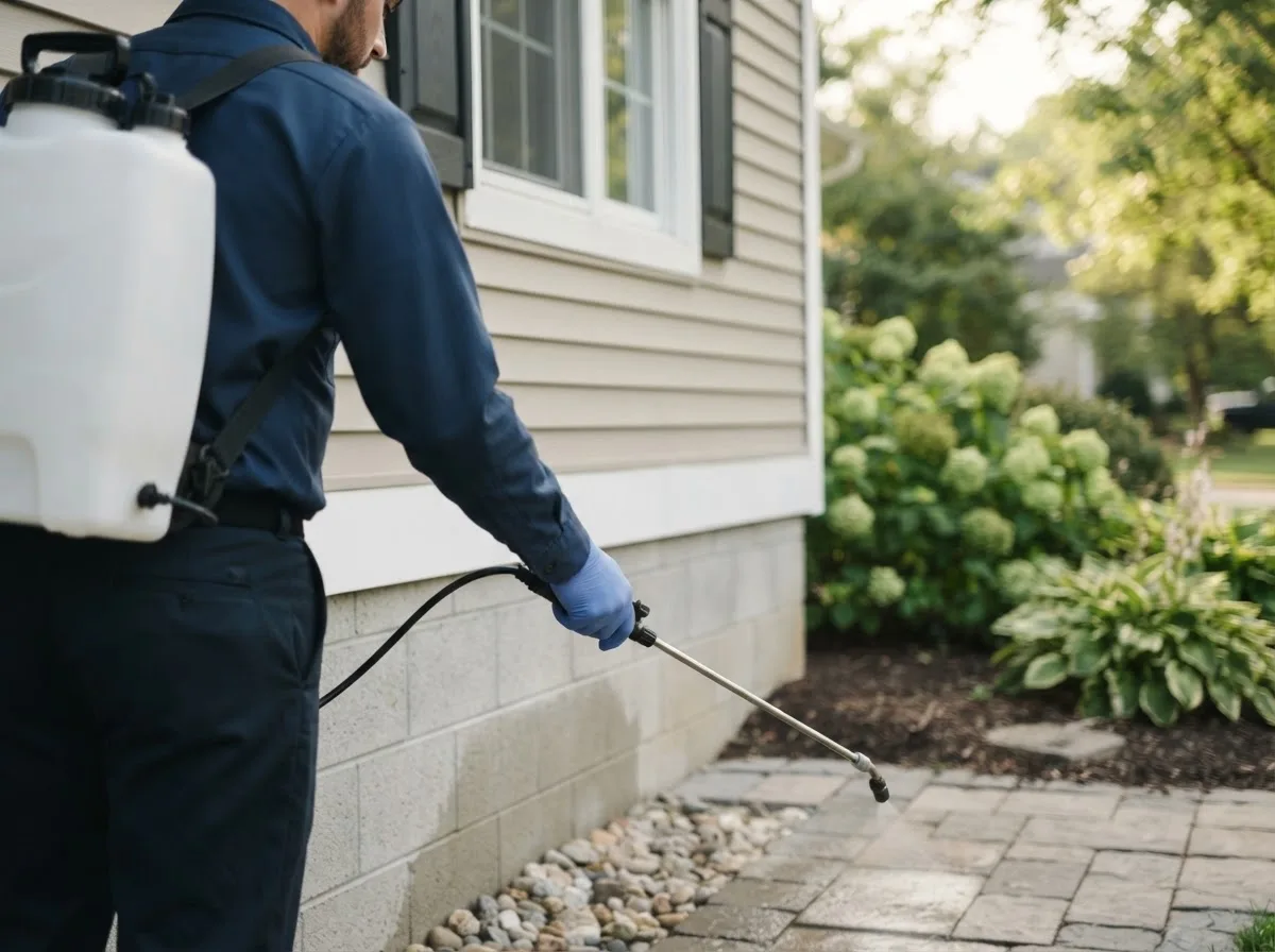 Pest control technician inspecting a home in Duncombe, IA